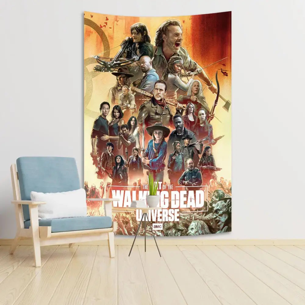 Vibrant orange and yellow decorbites daryl dixon tapestry featuring walking dead characters for bedroom wall art