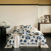 Blue floral 100s egyptian cotton bedding set with white base and elegant botanical design for bedroom decor
