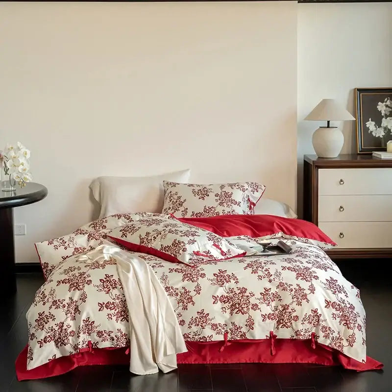 Red and cream floral satin finish bedding set complementing decorbites 100s egyptian cotton bedroom decor