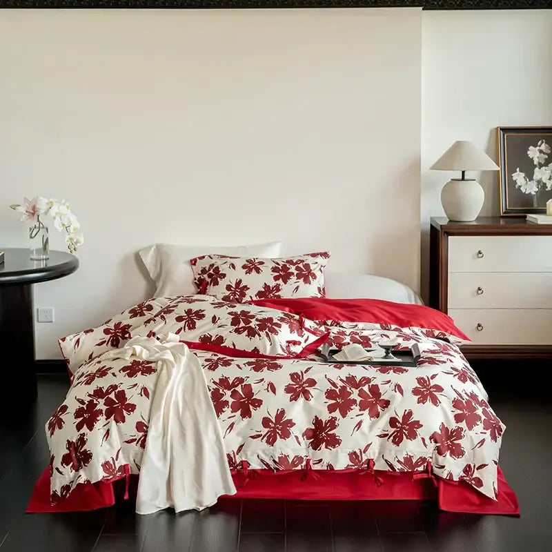 Red and white floral duvet set with bold painterly design in decorbites 100s egyptian cotton bedding set bedroom decor