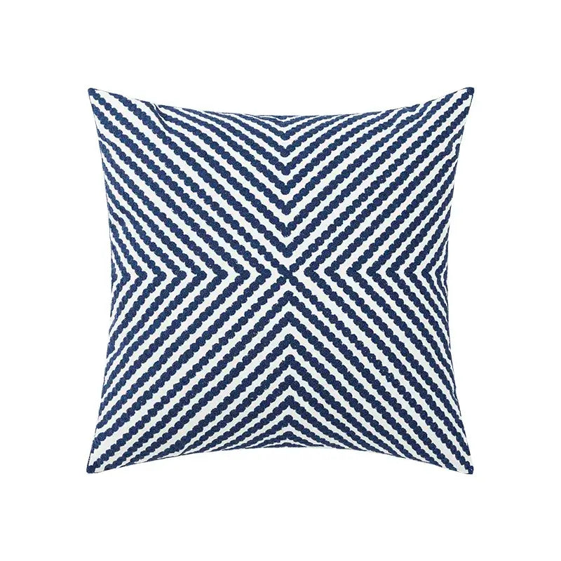 Square cushion cover with navy blue and white chevron pattern in textured woven fabric from decorbites blue floral set