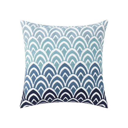 A blue floral geometric cushion cover with embroidered blue and white wave pattern from decorbites set of 5 pillows
