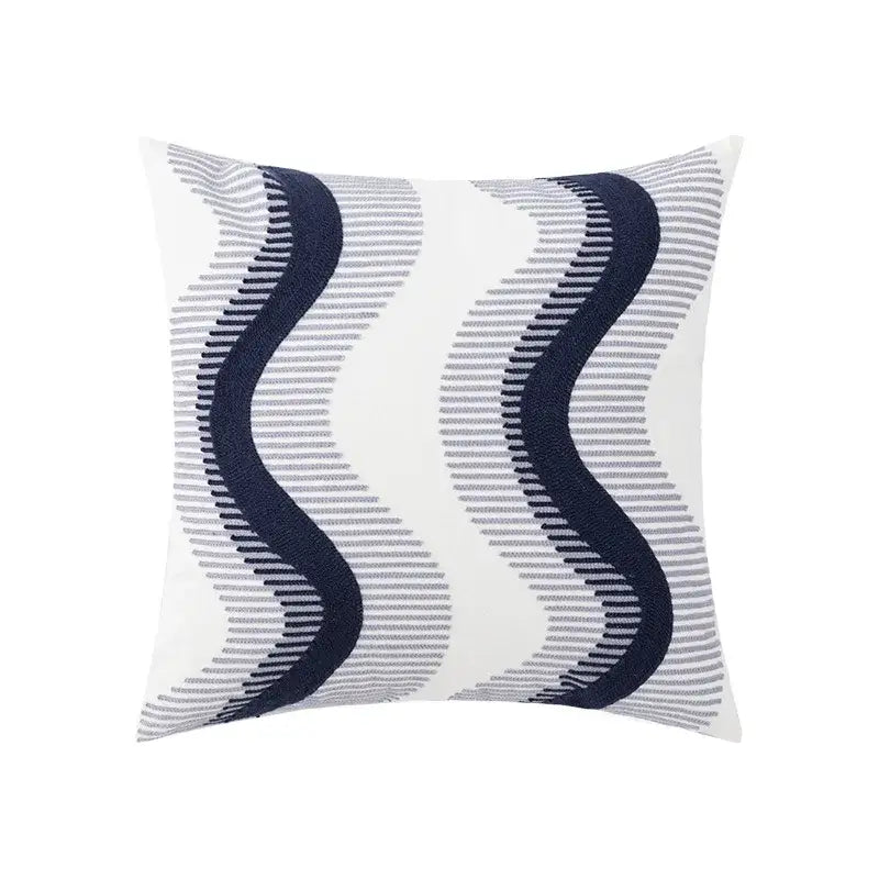 White throw pillow with bold navy blue and gray wavy embroidered stripes from decorbites blue floral geometric cushion cover set
