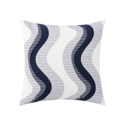 White throw pillow with bold navy blue and gray wavy embroidered stripes from decorbites blue floral geometric cushion cover set