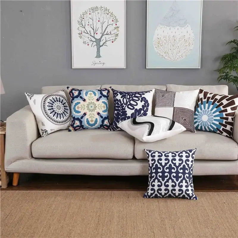 Navy blue and white cotton pillow cover with ornate scrollwork pattern for decorbites blue floral mandala living room decor