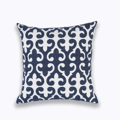 Square navy and white cotton pillow cover with blue floral mandala fleur-de-lis pattern for decorbites decor
