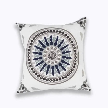 White cotton pillow cover with intricate blue floral mandala embroidery in navy blue gray and black for living room decorbites decor