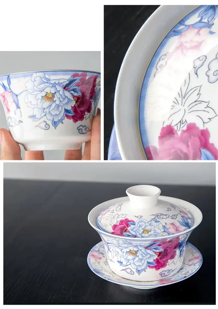 White porcelain tea cup set with blue pink and gold floral patterns for dining room porcelain tea cup set