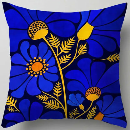 Vibrant blue flower leaves pattern cushion cover with stylized yellow and orange floral decorbites design for living room