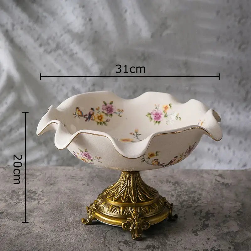 Ivory porcelain flower pattern footed bowl with blue flower pattern and gold base for dining room decorbites use