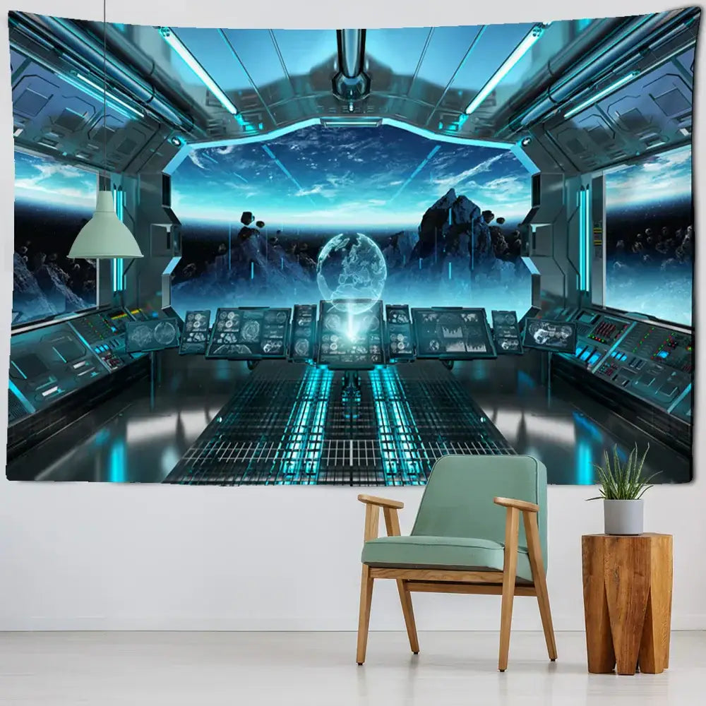 Blue futuristic spaceship cockpit tapestry featuring galaxy alien planet ufo design for decorbites bedroom decor