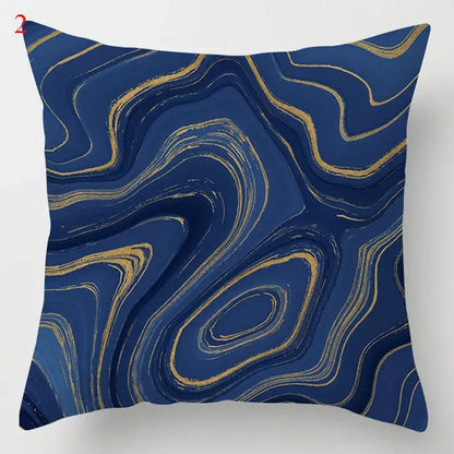 Square throw pillow with blue geometric marble design in deep blue and gold for living room decorbites decorbites blue geometric