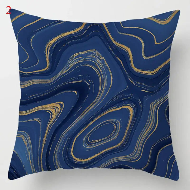 Square throw pillow with blue geometric marble design in deep blue and gold for living room decorbites decorbites blue geometric