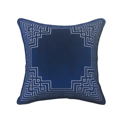 Deep blue geometry embroidery cushion cover with intricate white geometric design in dutch velvet for living room decorbites blue geometry
