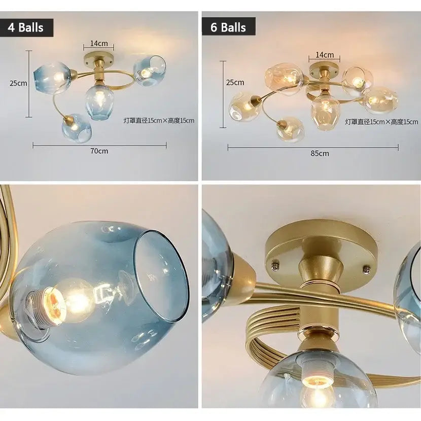 Blue glass ball led chandelier with brass finish featuring glass ball pendant light and metal arms for dining room decorbites glass ball