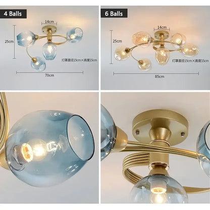 Blue glass ball led chandelier with brass finish featuring glass ball pendant light and metal arms for dining room decorbites glass ball