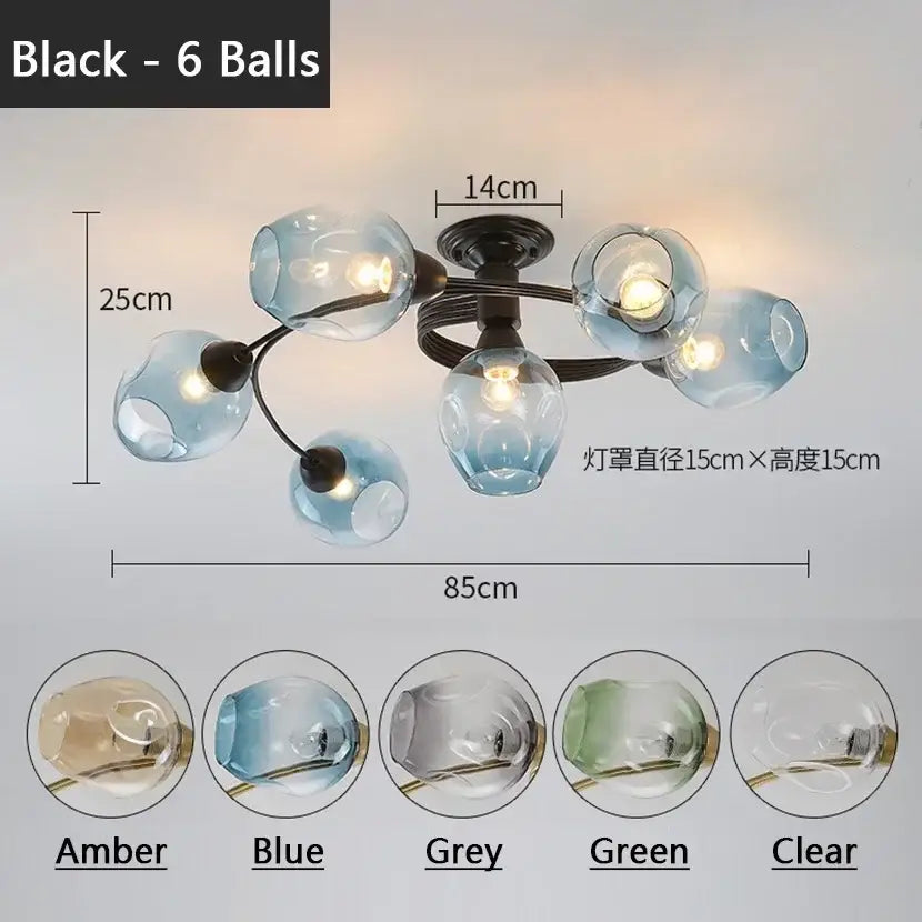 Blue glass ball led chandelier with brass finish featuring six frosted bulbs in a modern curved design for dining room decorbites glass ball