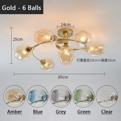 Gold-finished ceiling light fixture with six amber glass globe shades for dining room glass ball led decorbites glass ball