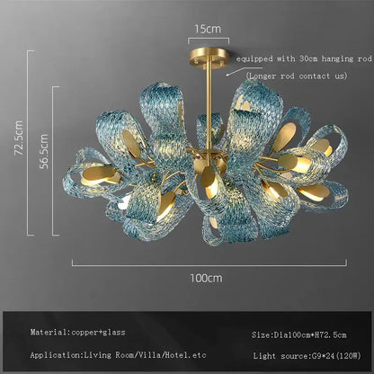 Blue glass flower ceiling chandelier with copper accents and modern sculptural design for dining room decorbites blue glass