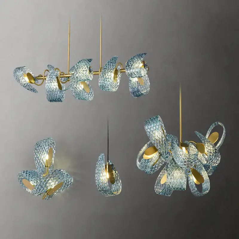 Elegant blue glass flower ceiling chandelier with gold-toned metal accents for dining room decorbites blue glass lighting