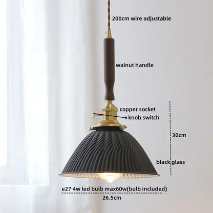 Black ribbed glass pendant lamp with walnut handle and brass copper socket for decorbites blue glass led lighting