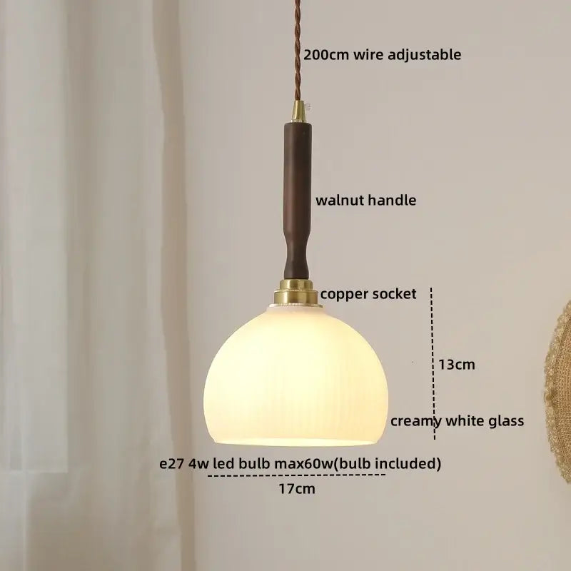 Creamy white glass pendant lamp with walnut handle and copper socket for decorbites blue glass led dining room lighting
