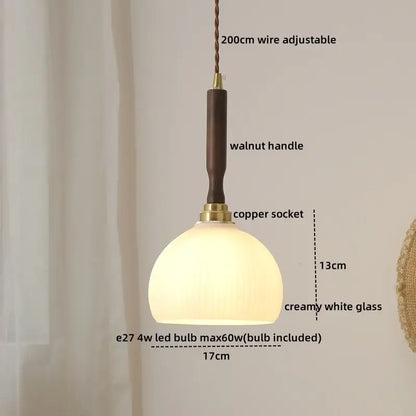 Creamy white glass pendant lamp with walnut handle and copper socket for decorbites blue glass led dining room lighting