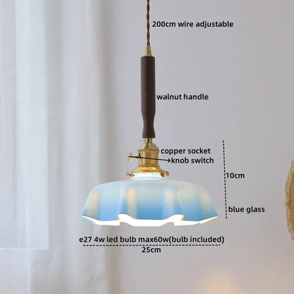Blue glass led pendant lamp with walnut handle copper socket by decorbites ideal for dining room lighting decor