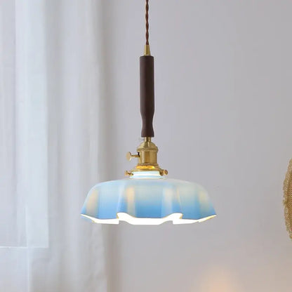 Blue glass led pendant lamp with brass fixture and dark wooden handle for dining room decorbites blue glass pendant lamp