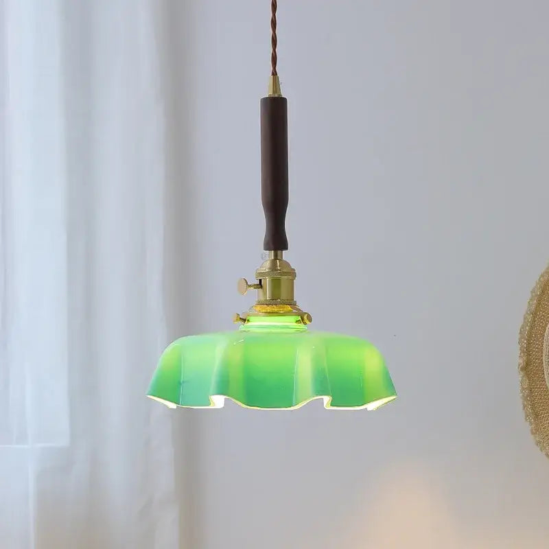 Green gradient glass pendant lamp with brass fixture and dark wooden handle for decorbites blue glass led lighting