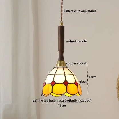 Stained glass pendant lamp with walnut handle copper socket and yellow red hexagonal panels complements decorbites blue glass led lighting