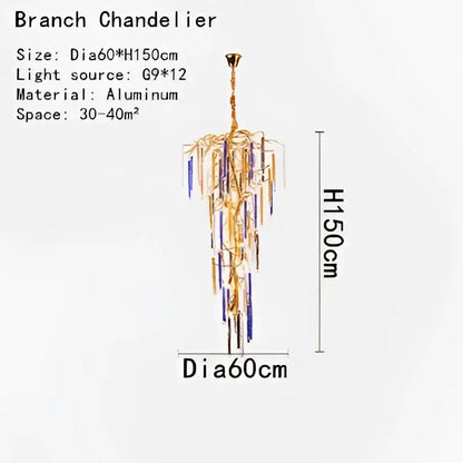 Gold-toned aluminum branch decorbites crystal pendant chandelier with cascading purple and clear crystal droplets for stairwell