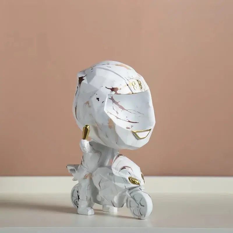 White marble-patterned chibi motorcycle rider figurine with gold accents for decorbites decorative key storage and locomotive model display