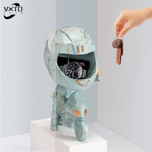 Light blue marble-patterned motorcycle helmet watch display with gold accents for decorbites decorative key storage