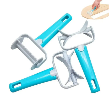 Set of three blue and gray plastic dough cutter and dumpling maker tools with ergonomic handles by Decorbites