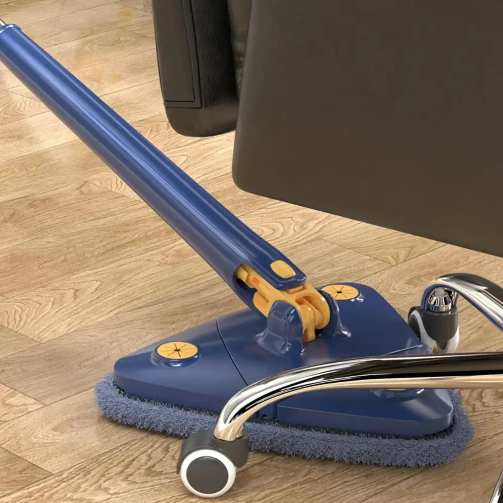Blue and gray rotating telescopic triangle floor mop with yellow swivel microfiber pad for easy maneuvering under furniture