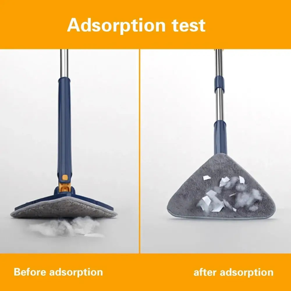 Blue and gray rotating telescopic triangle floor mop with gray microfiber pad and blue silver handle accents for kitchen use