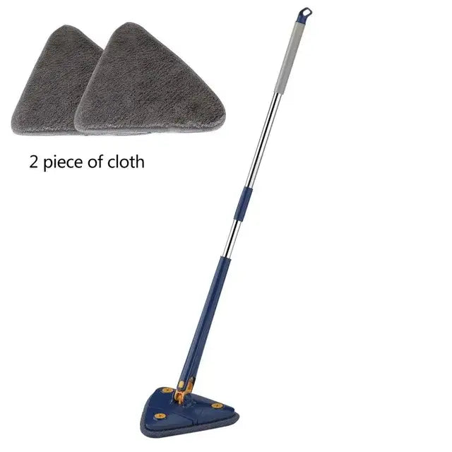 Blue and gray rotating telescopic triangle floor mop with silver handle and two gray microfiber cloths for kitchen use