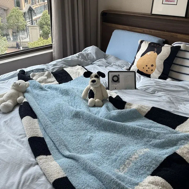 Blue black striped flannel sofa blanket with fluffy texture ideal for decorbites cozy bedroom decor and sofa use