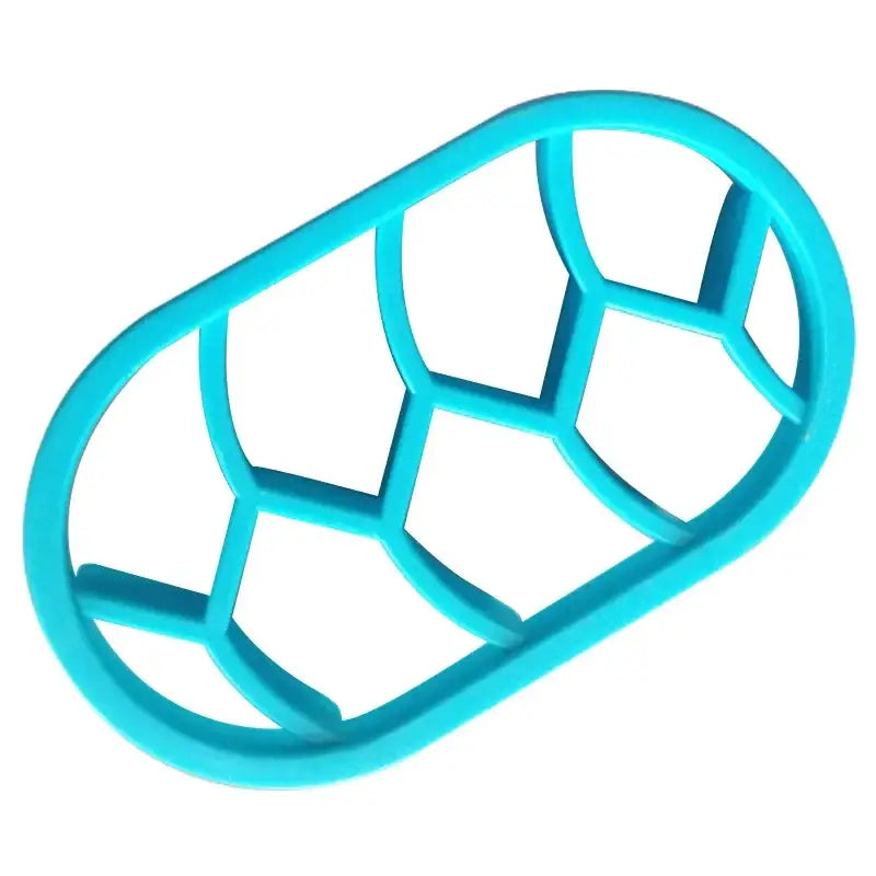 A bright turquoise silicone baking tool shaped like a peanut with a hexagonal grid for oval bread molds
