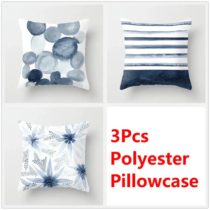 Set of three polyester blue ink flower cushion covers with abstract watercolor circles and bold navy stripes for living room decor