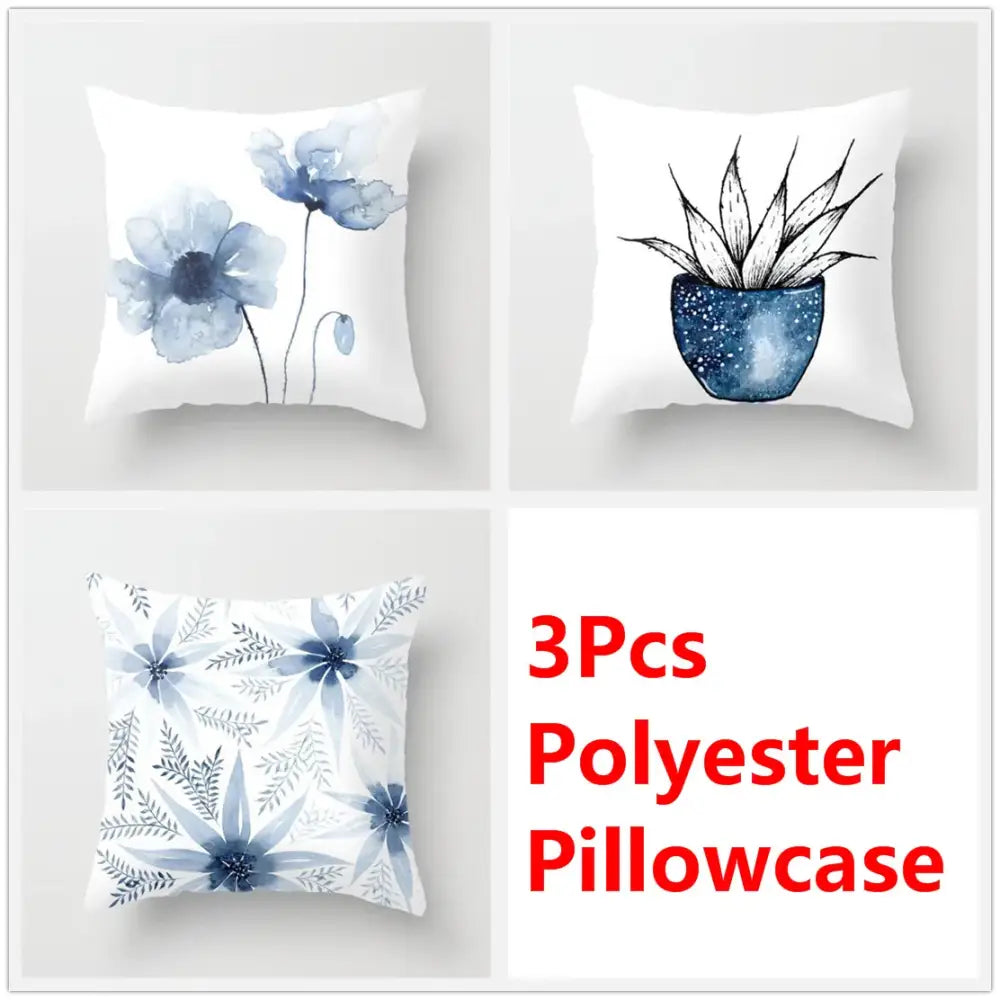 Set of three white polyester pillowcases with blue ink flower watercolor decorbites blue ink floral design for living room