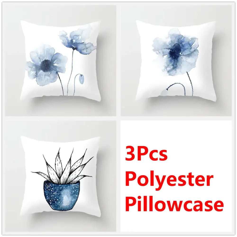 Set of three white polyester pillowcases with blue ink flower watercolor decorbites blue ink floral succulent design