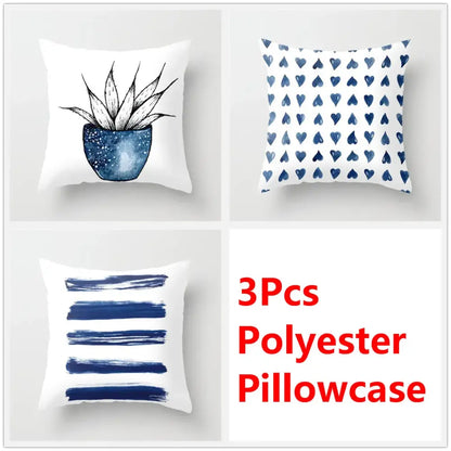 Set of three white polyester pillowcases with navy blue ink flower designs for decorbites blue ink living room decor