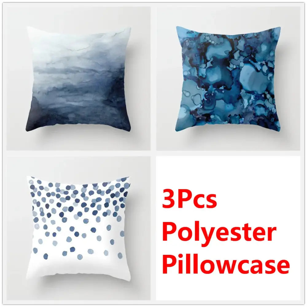 Set of three polyester ink flower cushion pillowcases in blue ink flower design for living room decorbites blue ink decor