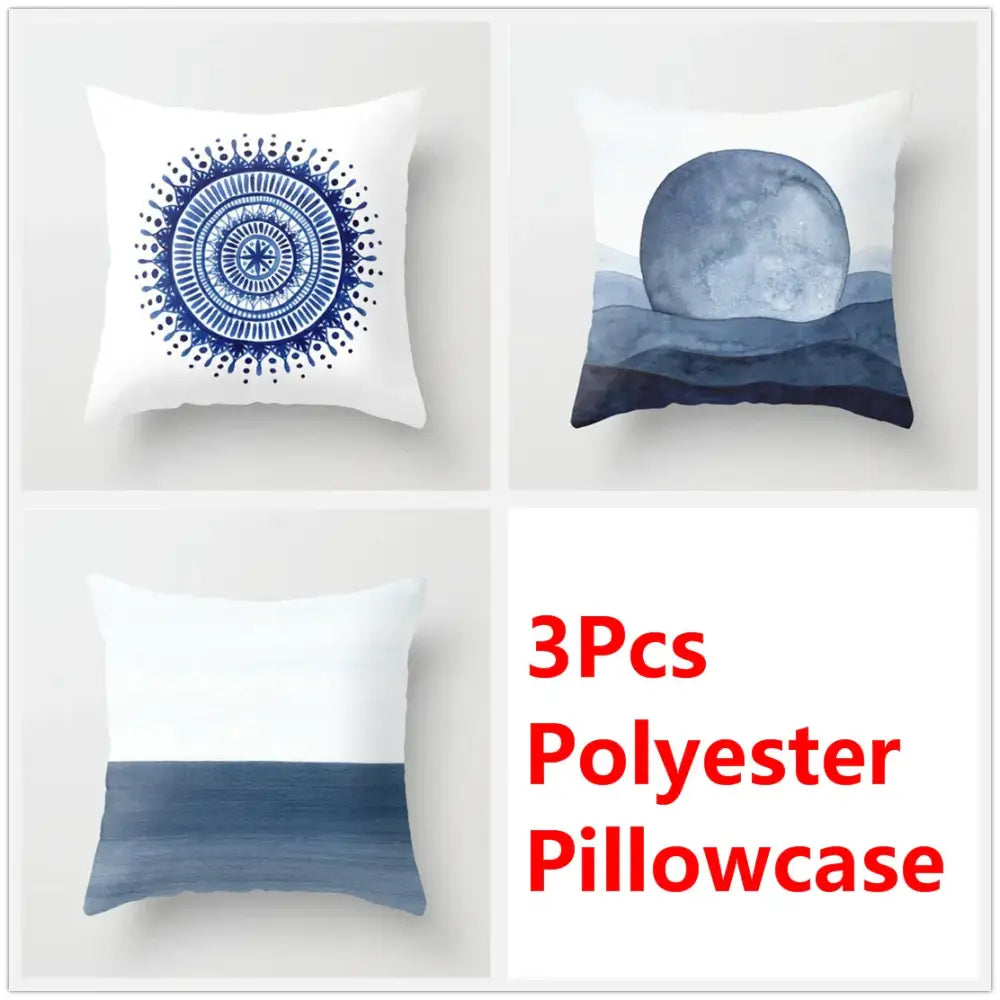 Set of three polyester ink flower cushion pillowcases with blue ink flower decor featuring mandala and ocean wave designs