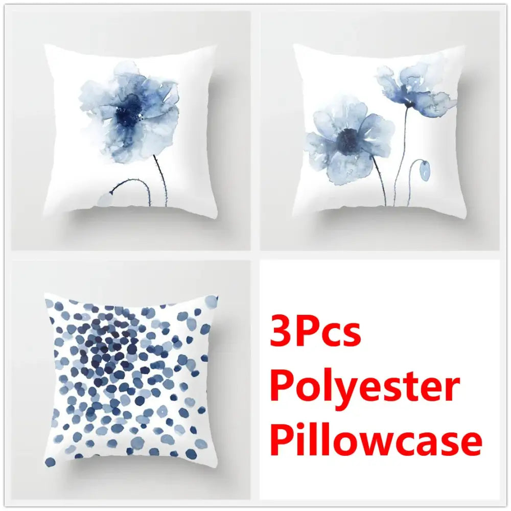 Set of three white polyester pillowcases with blue ink flower watercolor poppy and polka dot pattern for living room decorbites blue ink