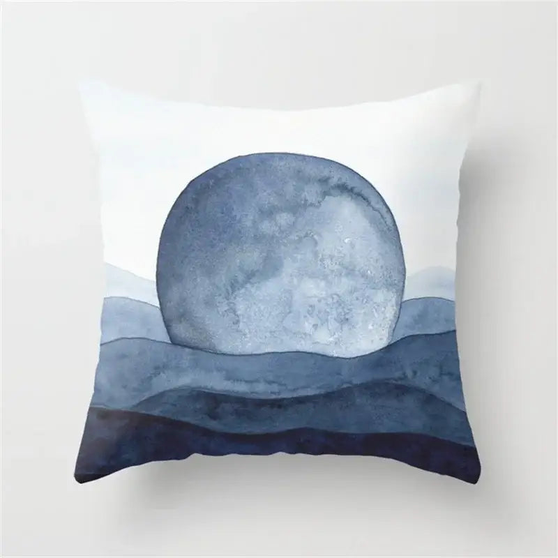 White throw pillow with watercolor blue moon and navy gray ocean waves for decorbites blue ink flower cushion set