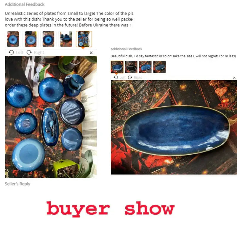 Deep blue gloss ceramic sushi plate with gold trim decorbites blue kiln glazed oval serving platter