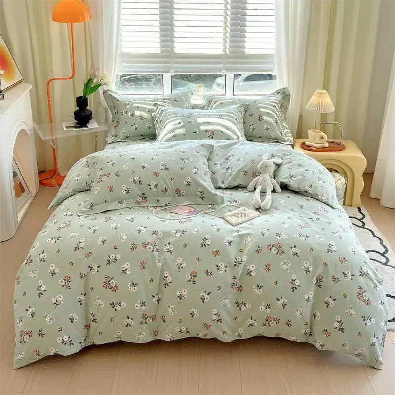 Blue lavender and cream cotton stripe comforter cover with mint green floral bed set on soft cotton fabric by decorbites cotton stripe